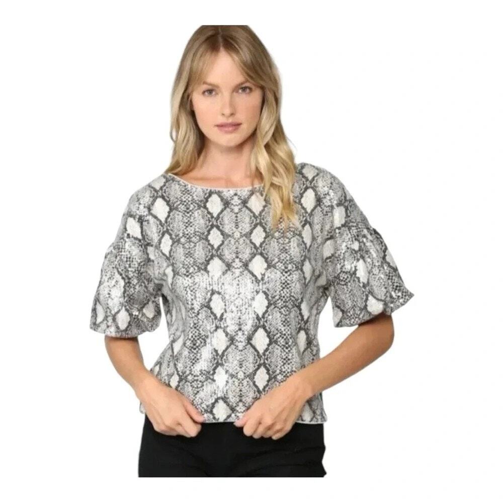 Dee Dee Snakeskin Shiny Sequin Short Puff Sleeve Blouse Women's Size Medium